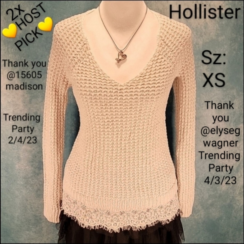 "Adorable Hollister V-neck Sweater w/ Box Knit Pattern & Lace Hem!